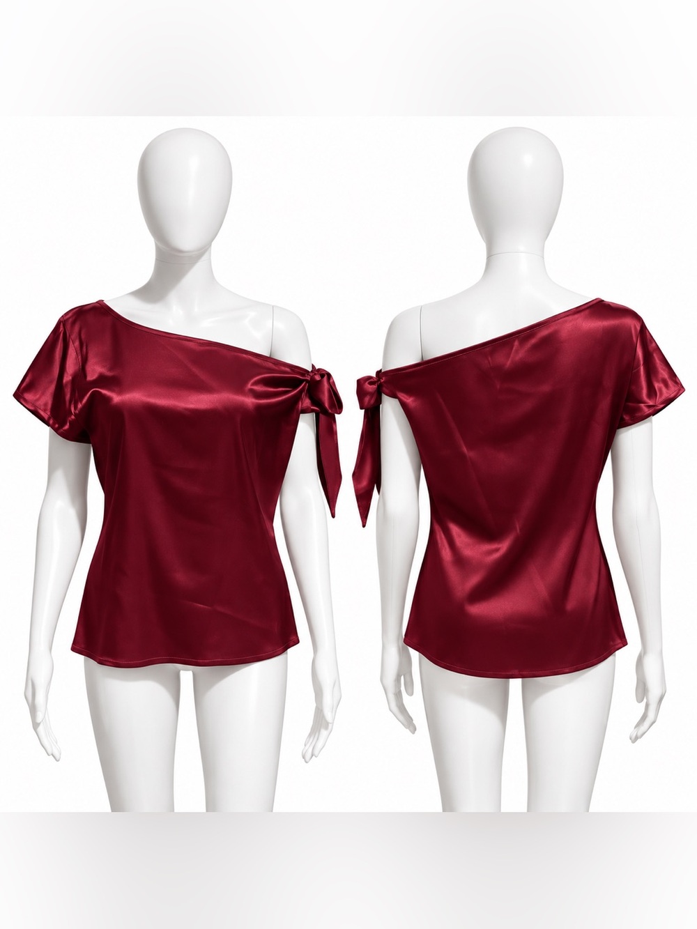 Burgundy Satin One-Shoulder Bow Blouse
